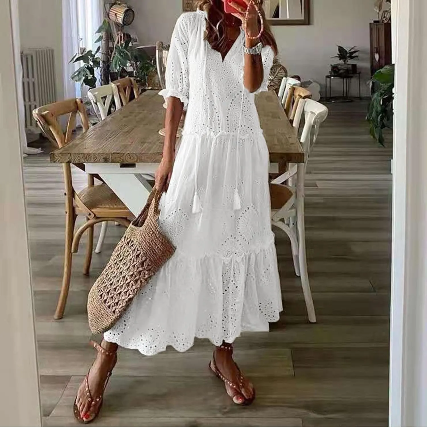 Summer Maxi Dresses for Women 2025 Elegant Flowy Tiered Ruffle Dress Casual Loose Swing Beach Vacation Clothes