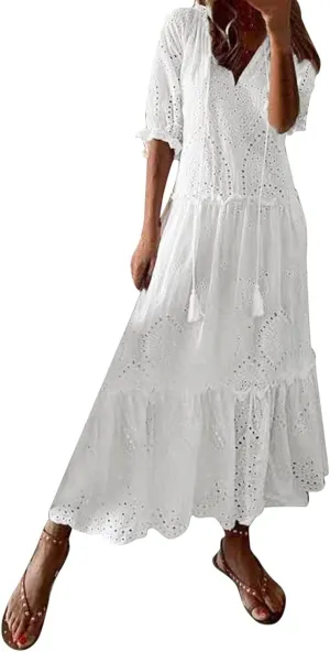 Summer Maxi Dresses for Women 2025 Elegant Flowy Tiered Ruffle Dress Casual Loose Swing Beach Vacation Clothes