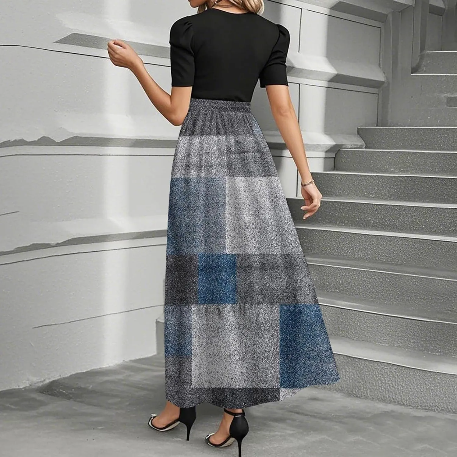 Summer Maxi Dresses for Women 2025 Wedding Guest Puff Sleeve Tie Waist Belted Patchwork A Line Swing Dress