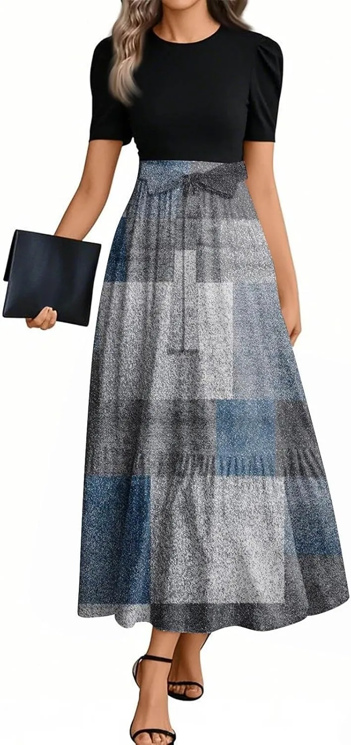 Summer Maxi Dresses for Women 2025 Wedding Guest Puff Sleeve Tie Waist Belted Patchwork A Line Swing Dress