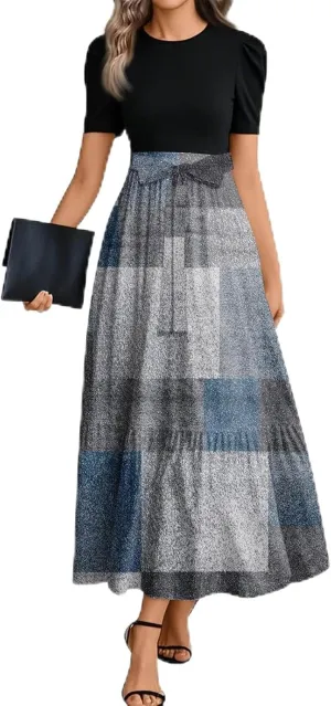 Summer Maxi Dresses for Women 2025 Wedding Guest Puff Sleeve Tie Waist Belted Patchwork A Line Swing Dress