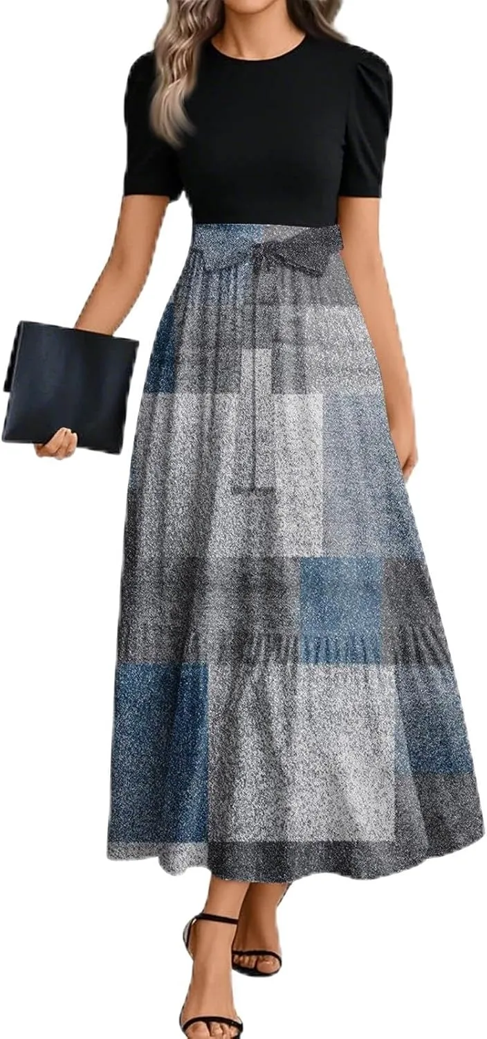 Summer Maxi Dresses for Women 2025 Wedding Guest Puff Sleeve Tie Waist Belted Patchwork A Line Swing Dress