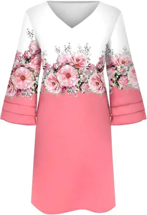 Summer Spring Womens V Neck Cute Shift Dress with Pockets Bell Sleeve Ruffle Hem Loose Swing Summer Tunic Mini Dress