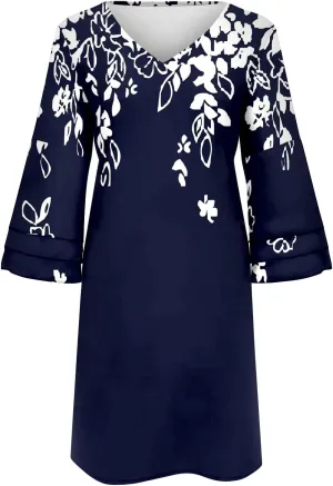 Summer Spring Womens V Neck Cute Shift Dress with Pockets Bell Sleeve Ruffle Hem Loose Swing Summer Tunic Mini Dress