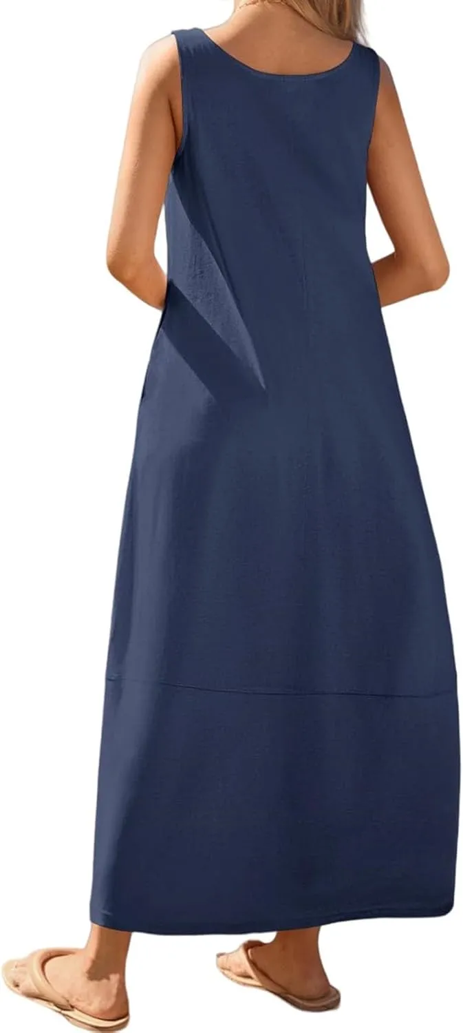 Summer Tank Sundress for Women 2025 Low Crewneck Sleeveless Maxi Loose Dress Flowy Swing Beach Dress with Pockets