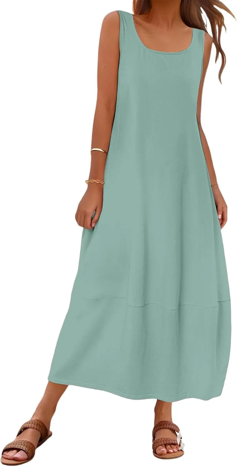 Summer Tank Sundress for Women 2025 Low Crewneck Sleeveless Maxi Loose Dress Flowy Swing Beach Dress with Pockets