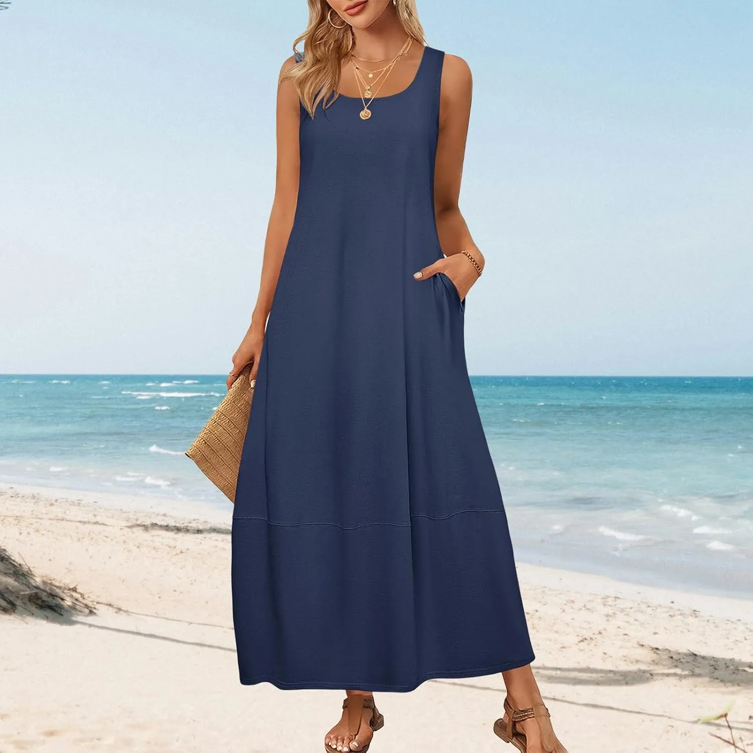Summer Tank Sundress for Women 2025 Low Crewneck Sleeveless Maxi Loose Dress Flowy Swing Beach Dress with Pockets