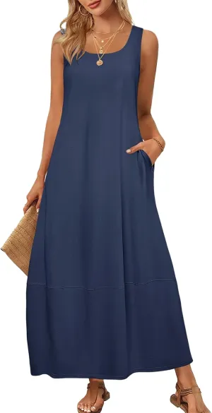 Summer Tank Sundress for Women 2025 Low Crewneck Sleeveless Maxi Loose Dress Flowy Swing Beach Dress with Pockets