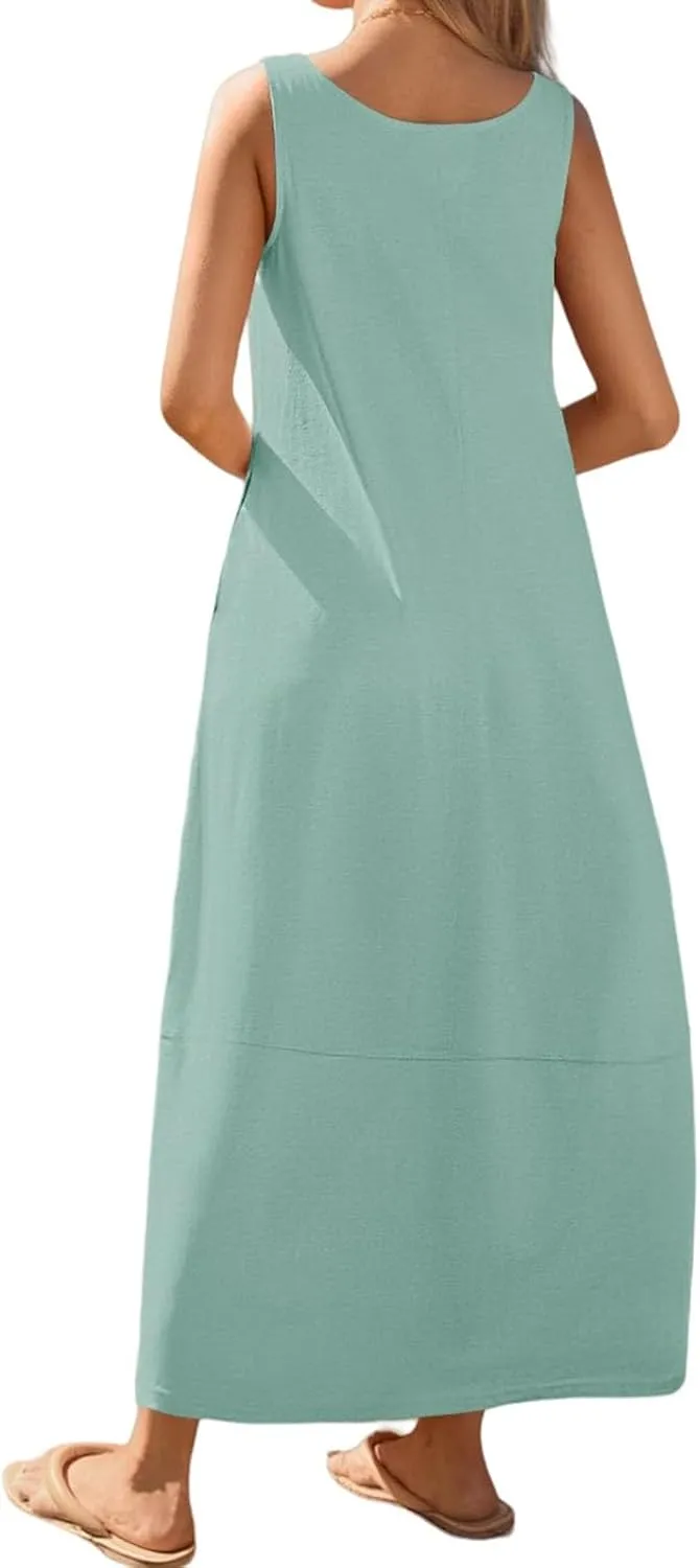 Summer Tank Sundress for Women 2025 Low Crewneck Sleeveless Maxi Loose Dress Flowy Swing Beach Dress with Pockets