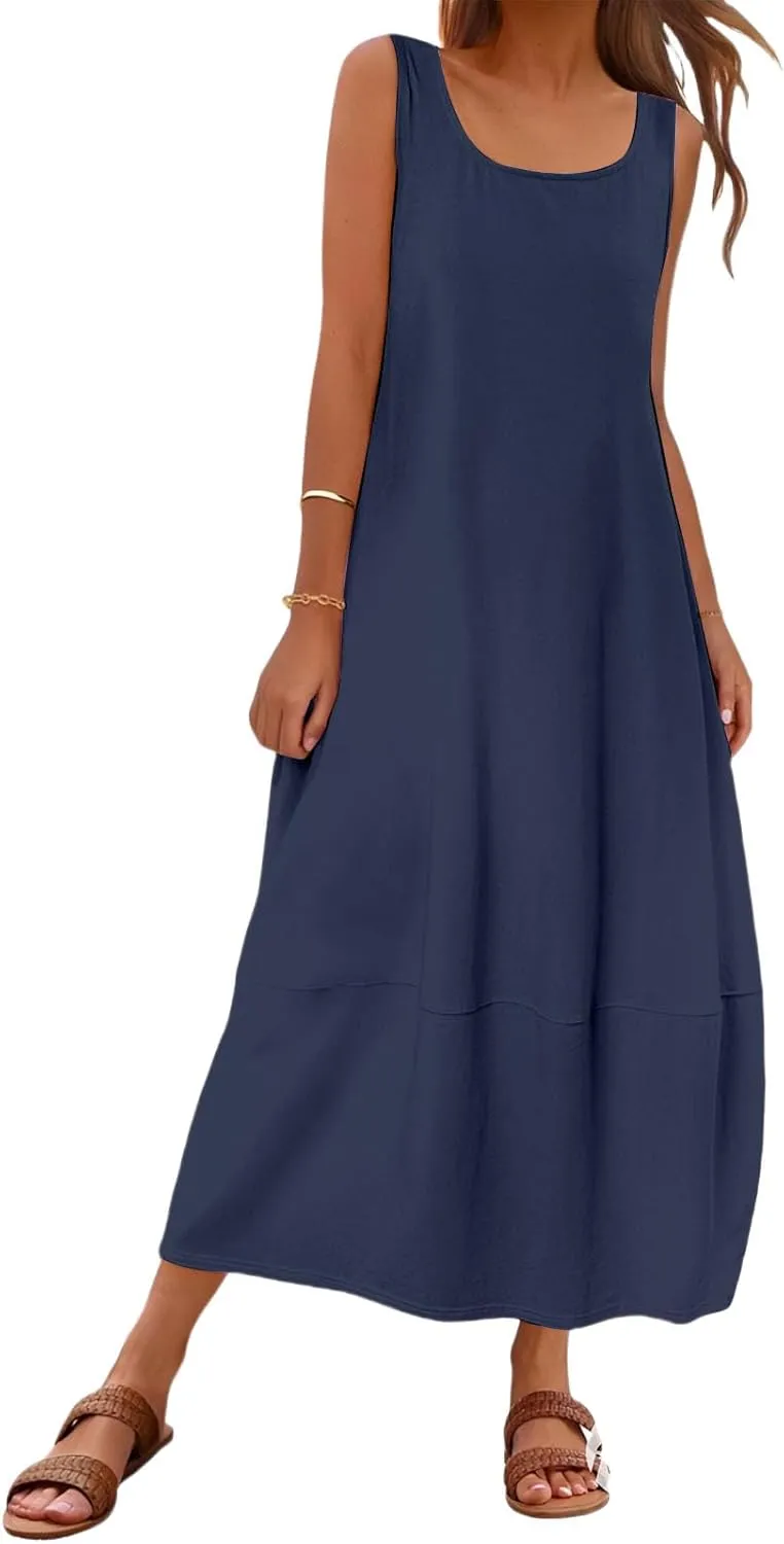 Summer Tank Sundress for Women 2025 Low Crewneck Sleeveless Maxi Loose Dress Flowy Swing Beach Dress with Pockets