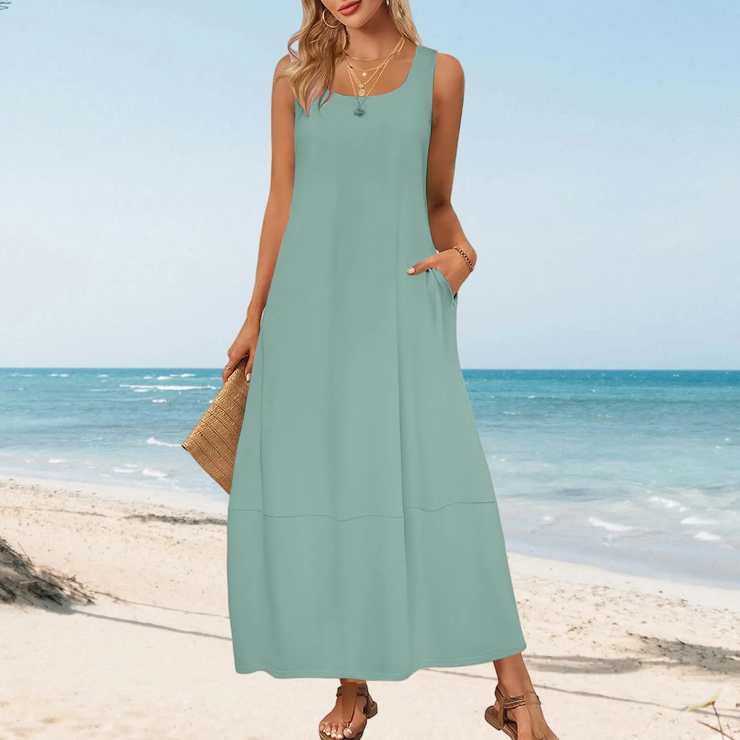 Summer Tank Sundress for Women 2025 Low Crewneck Sleeveless Maxi Loose Dress Flowy Swing Beach Dress with Pockets