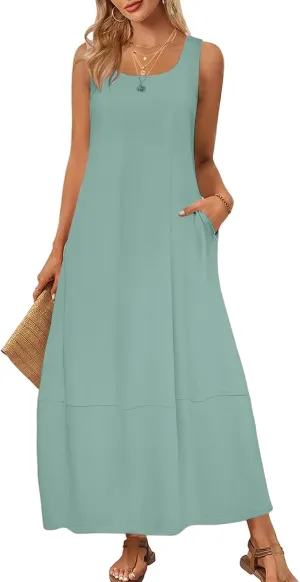 Summer Tank Sundress for Women 2025 Low Crewneck Sleeveless Maxi Loose Dress Flowy Swing Beach Dress with Pockets