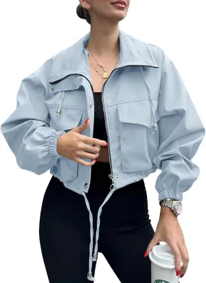 Tankaneo Womens Cropped Jacket Zip Up Lightweight Oversized Utility Anorak Coat with Pockets