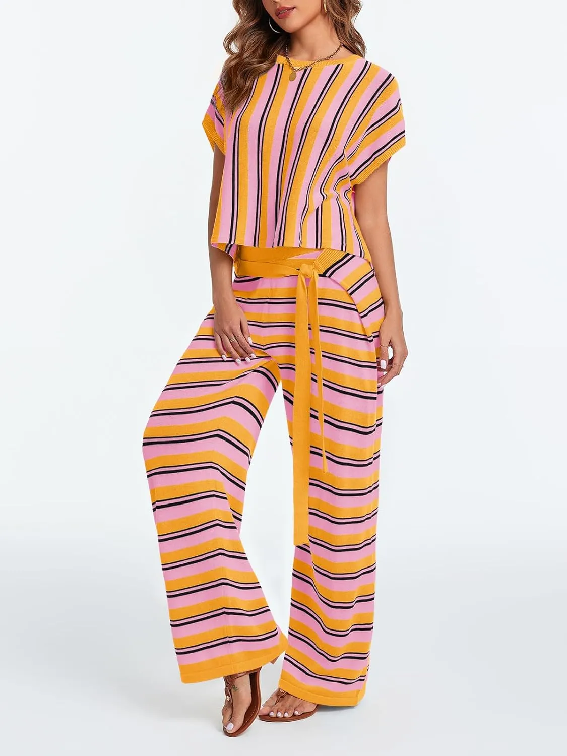 Tankaneo Womens Striped Sweater Set 2 Piece Oversized Batwing Sleeve Crop Tops and Wide Leg Pants Lounge Sets