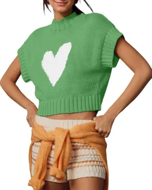 Tanou Womens Cap Sleeve Sweater Vest Mock Neck Crop Sweaters Causal Heart Knit Rib Hem Pullover Loose Fit Tank Top