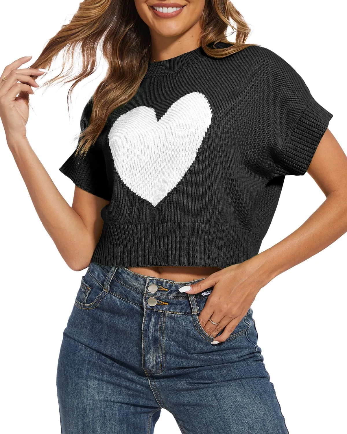 Tanou Womens Cap Sleeve Sweater Vest Mock Neck Crop Sweaters Causal Heart Knit Rib Hem Pullover Loose Fit Tank Top