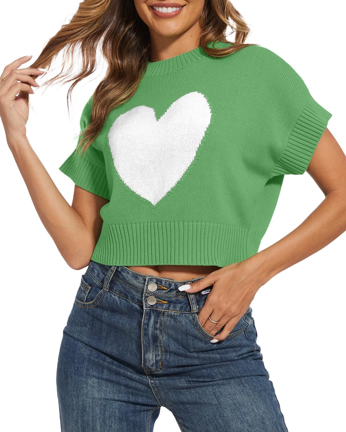 Tanou Womens Cap Sleeve Sweater Vest Mock Neck Crop Sweaters Causal Heart Knit Rib Hem Pullover Loose Fit Tank Top