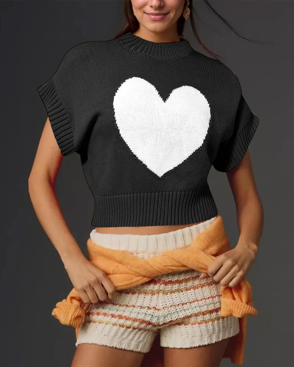 Tanou Womens Cap Sleeve Sweater Vest Mock Neck Crop Sweaters Causal Heart Knit Rib Hem Pullover Loose Fit Tank Top