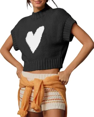 Tanou Womens Cap Sleeve Sweater Vest Mock Neck Crop Sweaters Causal Heart Knit Rib Hem Pullover Loose Fit Tank Top