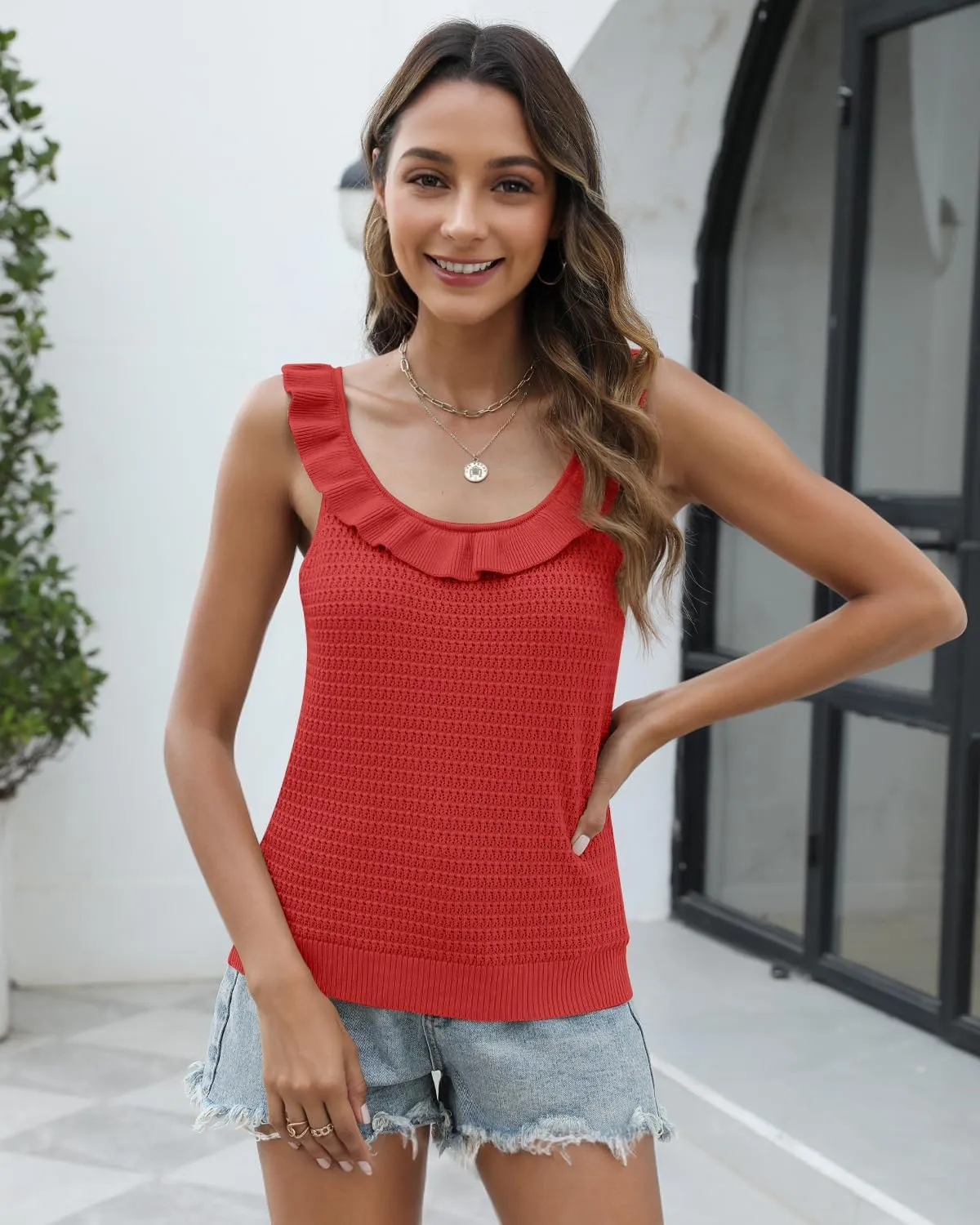 Tanou Women's Ruffled Neckline Sweater Vests Hollow Out Crochet Sleeveless Casual Knit Tank Tops