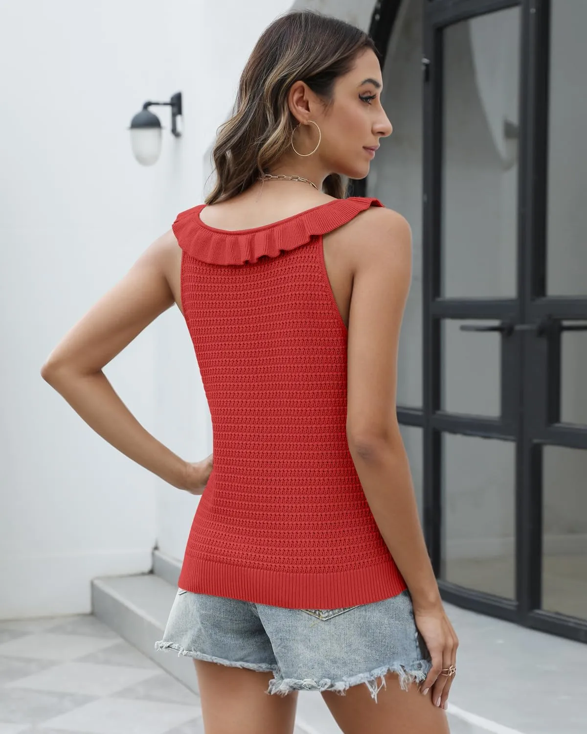 Tanou Women's Ruffled Neckline Sweater Vests Hollow Out Crochet Sleeveless Casual Knit Tank Tops