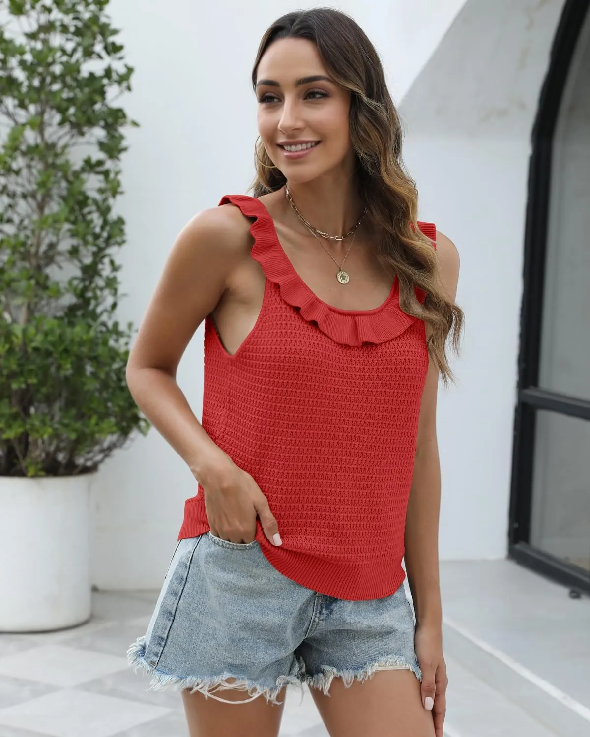 Tanou Women's Ruffled Neckline Sweater Vests Hollow Out Crochet Sleeveless Casual Knit Tank Tops