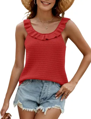 Tanou Women's Ruffled Neckline Sweater Vests Hollow Out Crochet Sleeveless Casual Knit Tank Tops