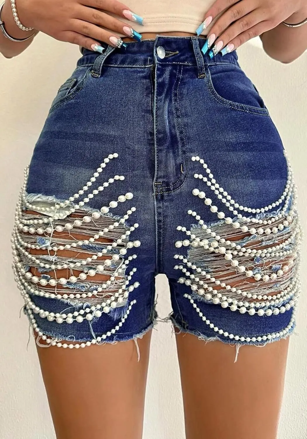 Tbahhir Womens High Waist Ripped Denim Shorts with Pearls Beading Chain Distressed Bodycon Stretchy Summer Jean Shorts