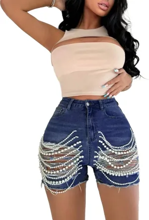 Tbahhir Womens High Waist Ripped Denim Shorts with Pearls Beading Chain Distressed Bodycon Stretchy Summer Jean Shorts