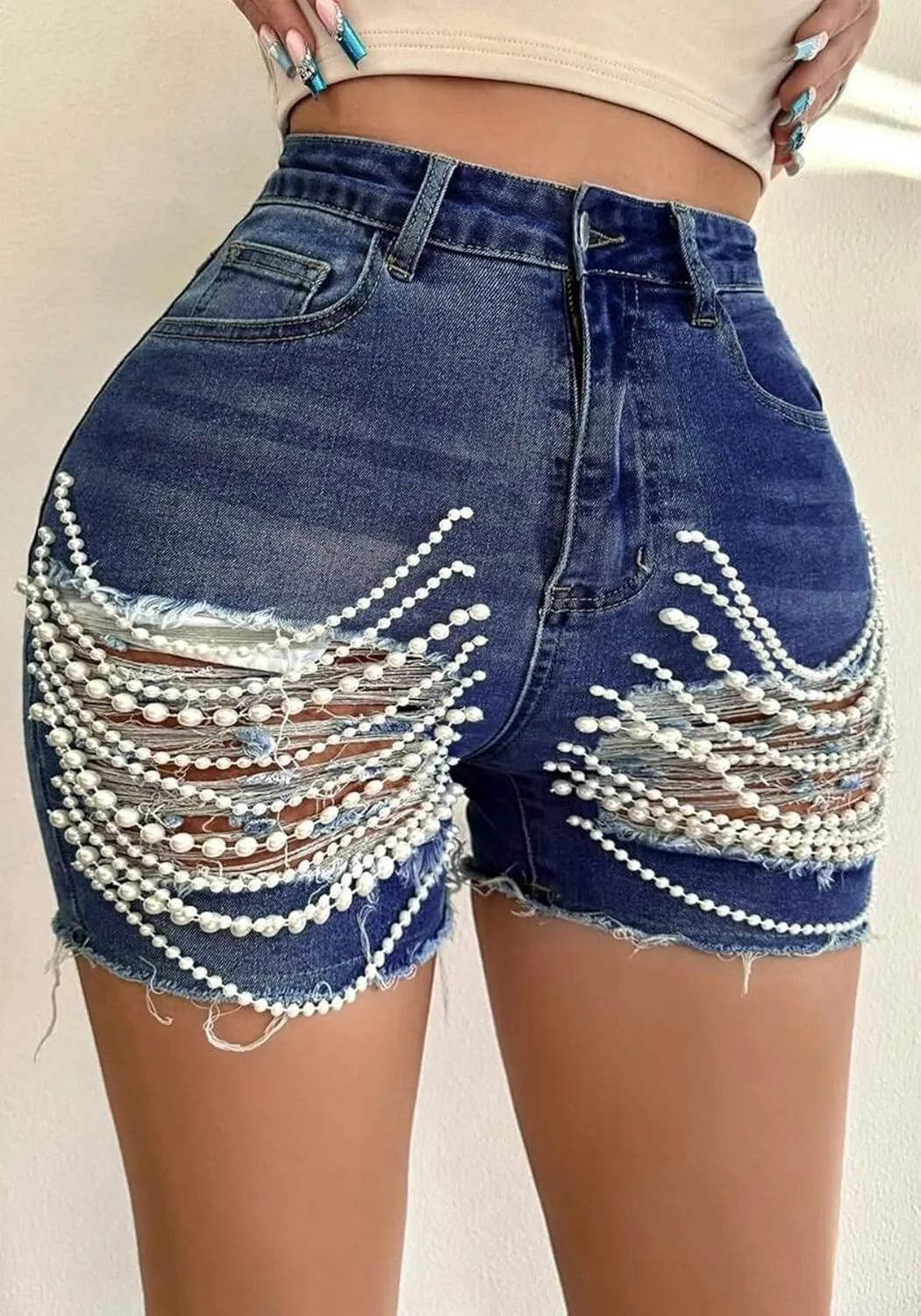 Tbahhir Womens High Waist Ripped Denim Shorts with Pearls Beading Chain Distressed Bodycon Stretchy Summer Jean Shorts