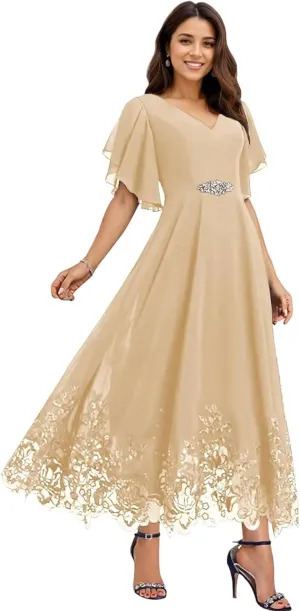 Tea Length Mother of The Bride Dresses for Wedding Chiffon Lace Formal Dresses for Women 2025 Elegant