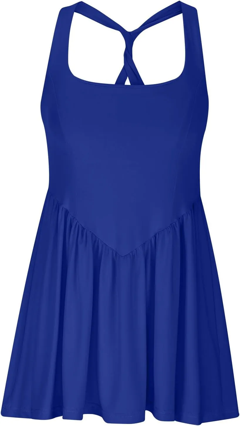 Tennis Dress for Women with Built in Shorts Cross Back Sleeveless Romper Pleated Golf Athletic Workout Dresses