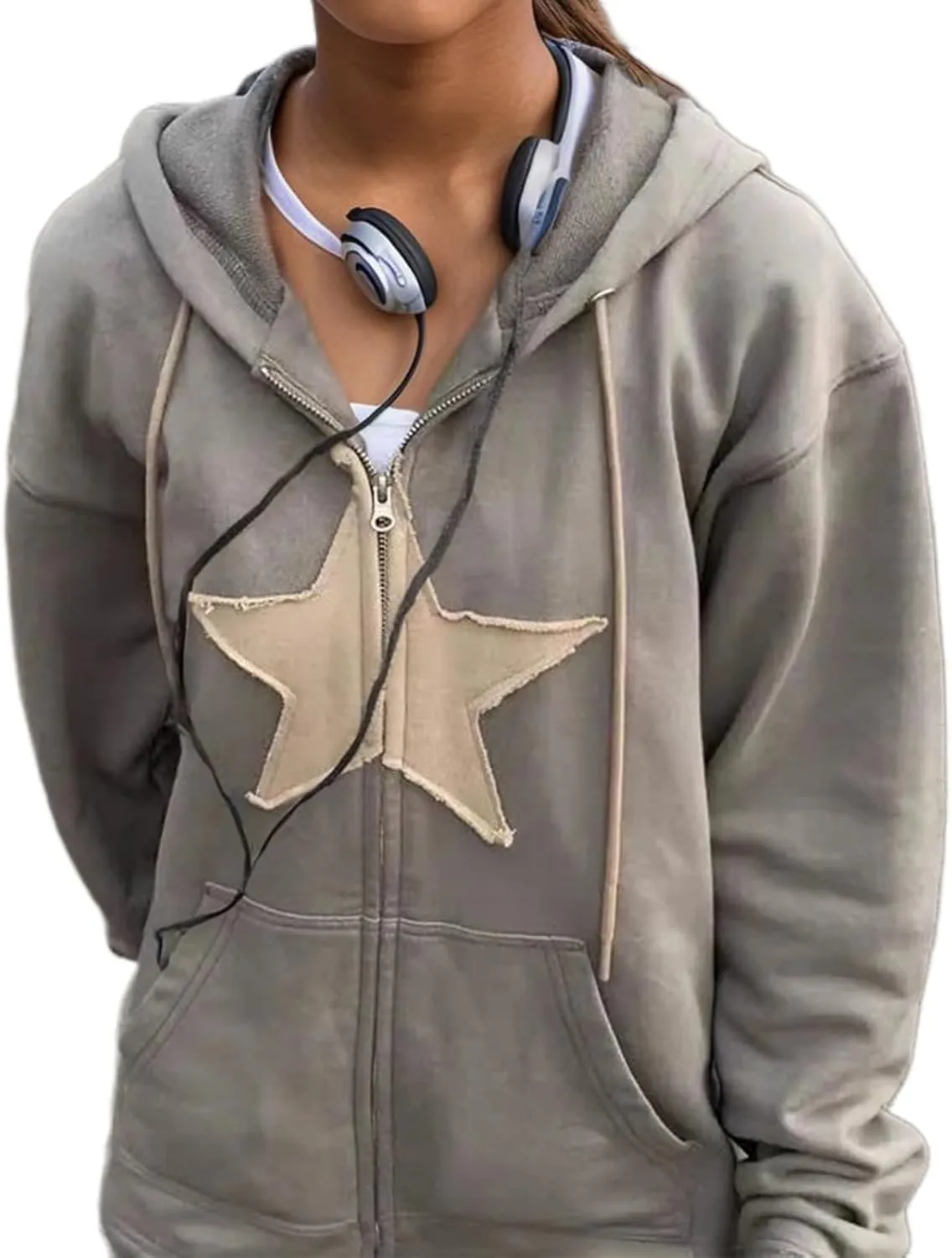 TIAFORD Women's Y2k Star Graphic Zip Up Hoodies Casual Oversize Long Sleeve Aesthetic Streetwear Jackets with Pocket