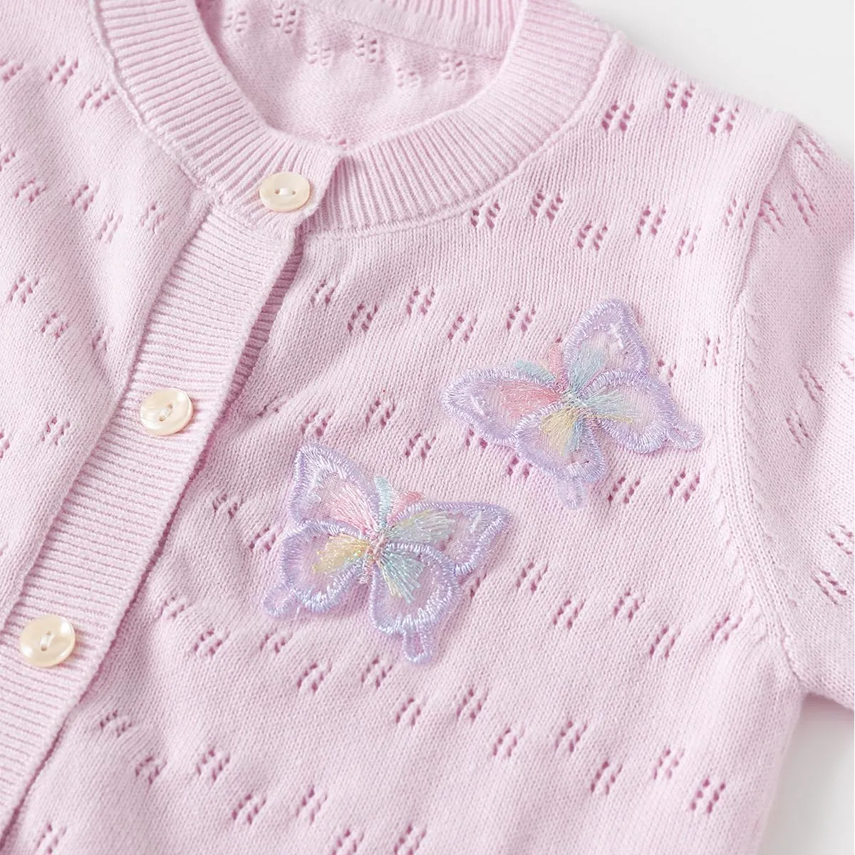Toddler Butterfly Decor Thin Knitted Cardigan Sweater, Baby Girl's Cotton Button Front Top Clothes Sweater Mesh Coat