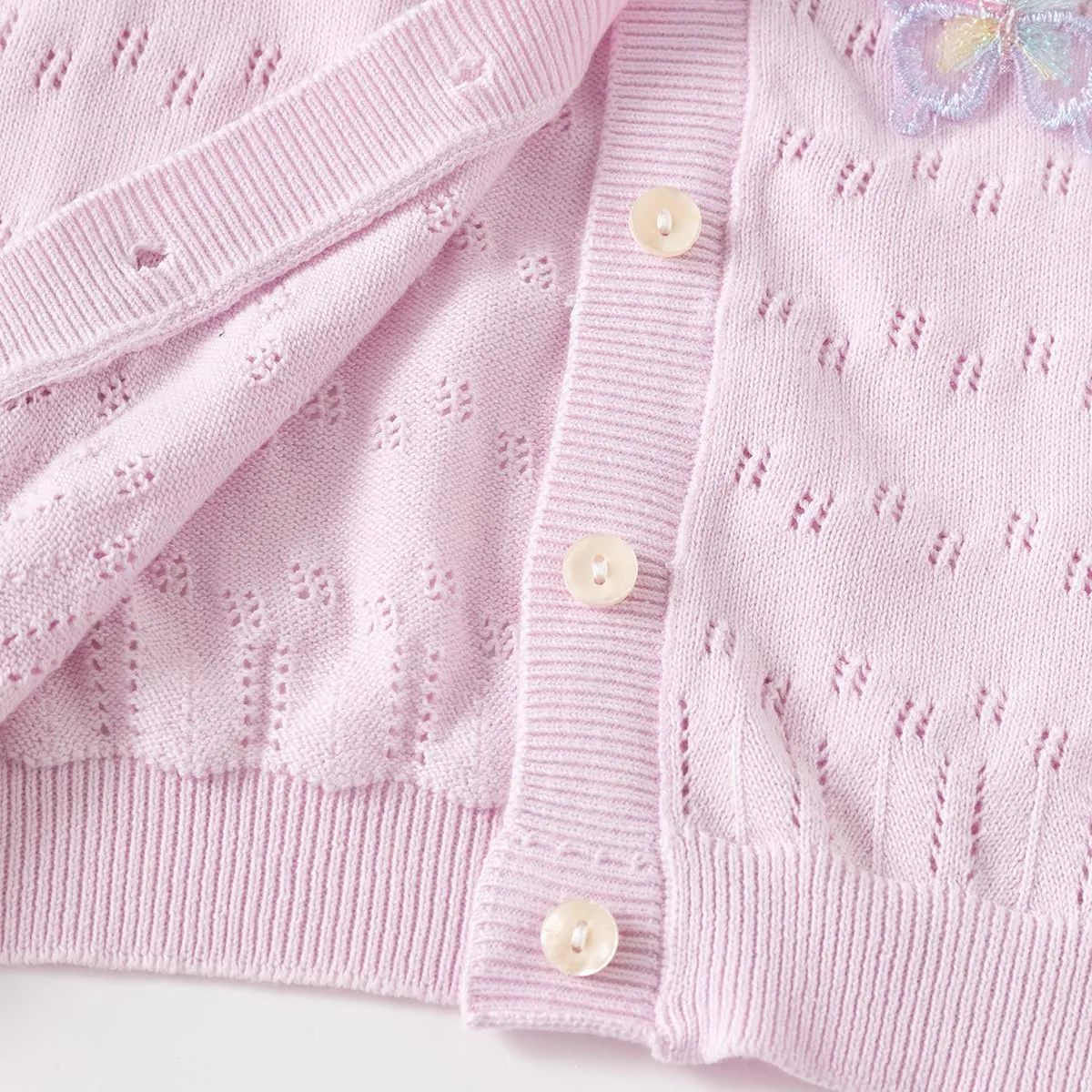 Toddler Butterfly Decor Thin Knitted Cardigan Sweater, Baby Girl's Cotton Button Front Top Clothes Sweater Mesh Coat