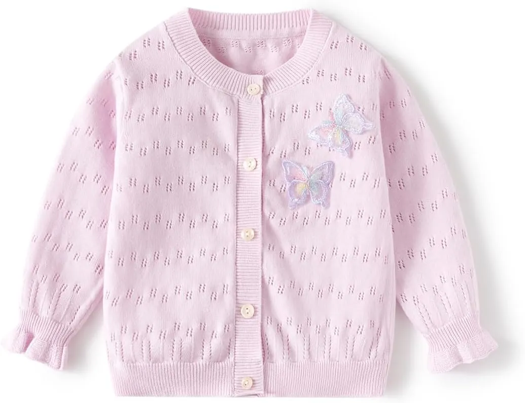 Toddler Butterfly Decor Thin Knitted Cardigan Sweater, Baby Girl's Cotton Button Front Top Clothes Sweater Mesh Coat
