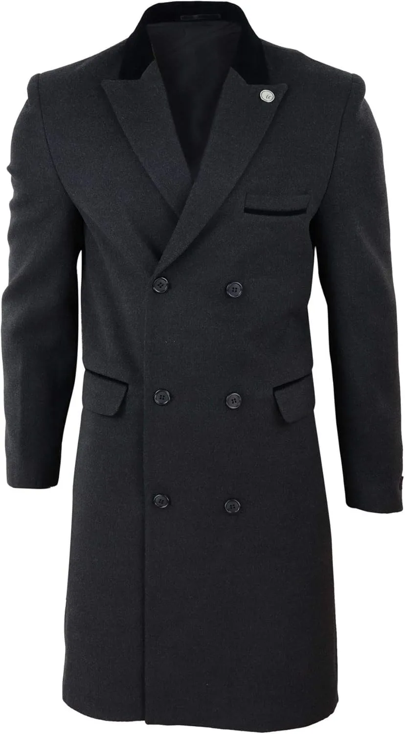 TruClothing Mens 3/4 Long Double Breasted Overcoat Jacket Wool Coat