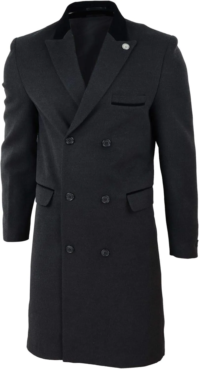 TruClothing Mens 3/4 Long Double Breasted Overcoat Jacket Wool Coat
