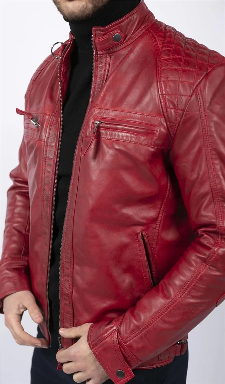 TruClothing Men's Biker Jacket Outwear Windproof Winter Motorcycle Rider Real Leather Jackets Coat Retro
