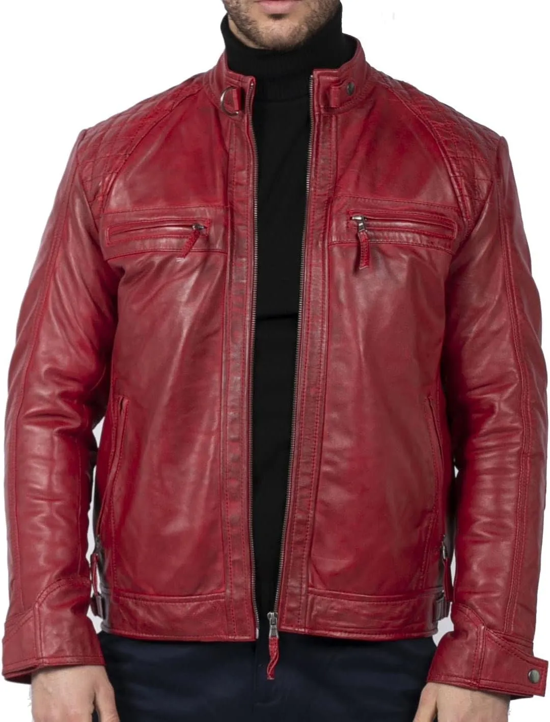 TruClothing Men's Biker Jacket Outwear Windproof Winter Motorcycle Rider Real Leather Jackets Coat Retro