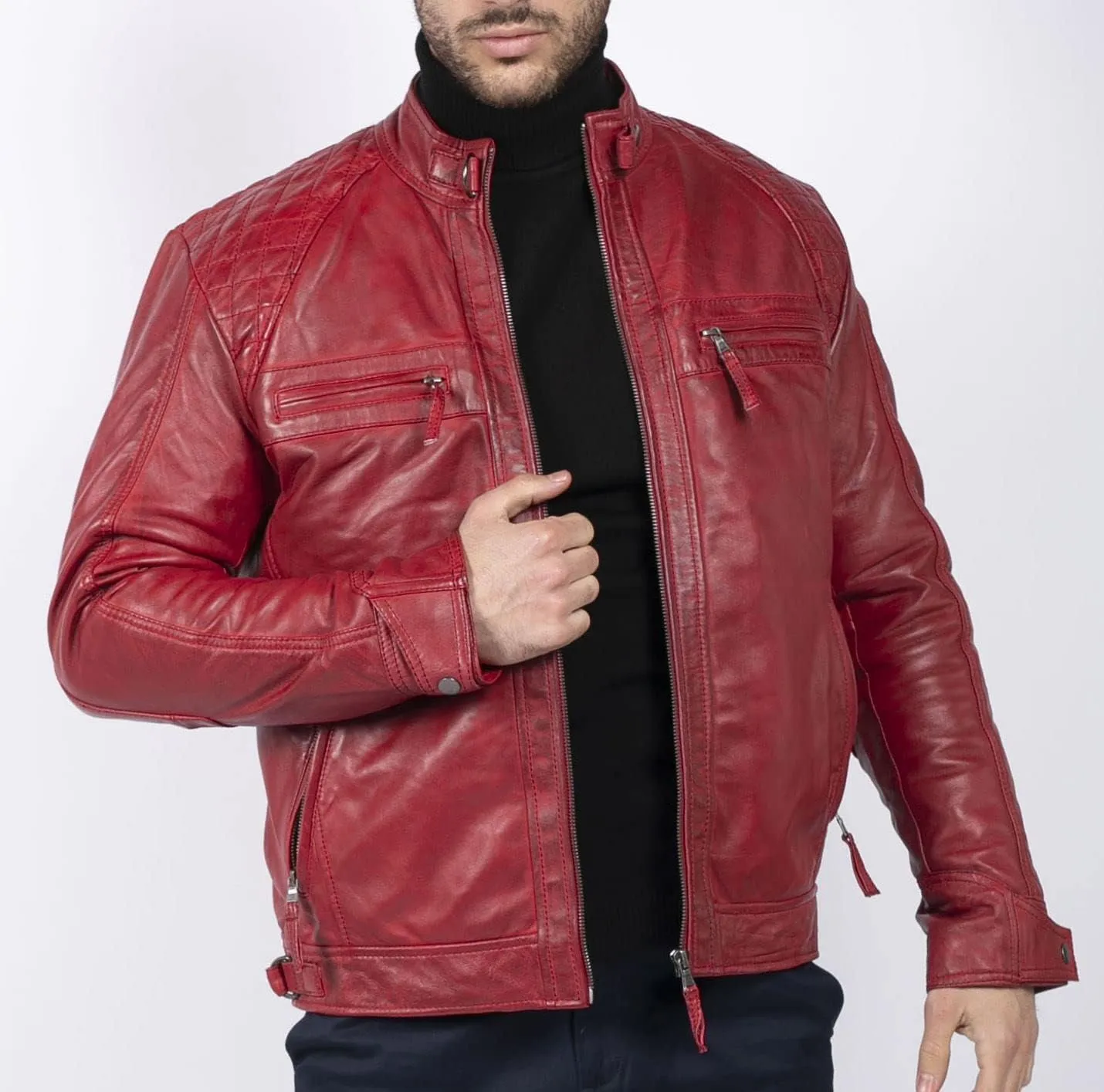 TruClothing Men's Biker Jacket Outwear Windproof Winter Motorcycle Rider Real Leather Jackets Coat Retro