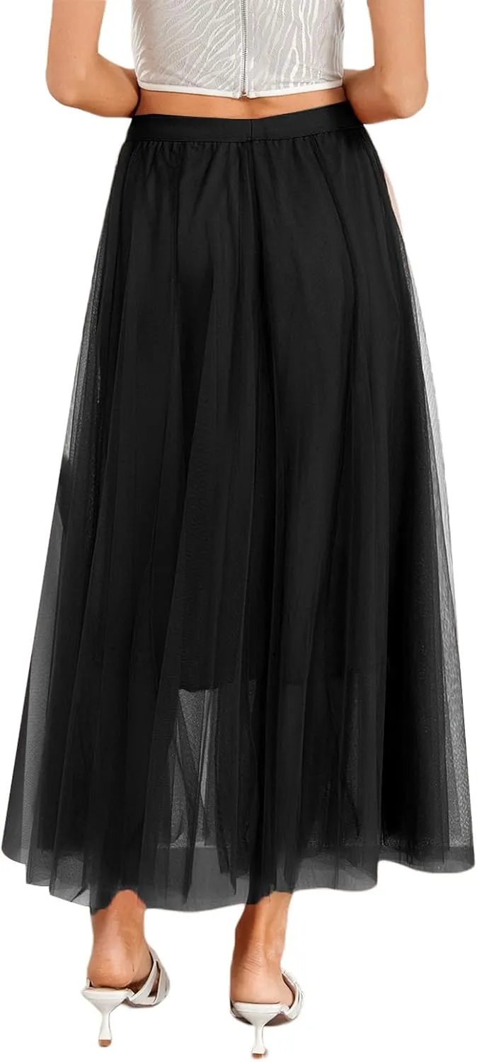 Tulle Skirts for Women Pleated Layered Tutu Skirt Ladies Elegant Flowy Long Skirts Bridesmaid Wedding Midi Skirt