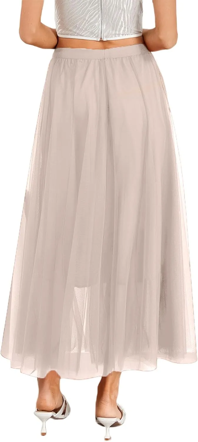 Tulle Skirts for Women Pleated Layered Tutu Skirt Ladies Elegant Flowy Long Skirts Bridesmaid Wedding Midi Skirt