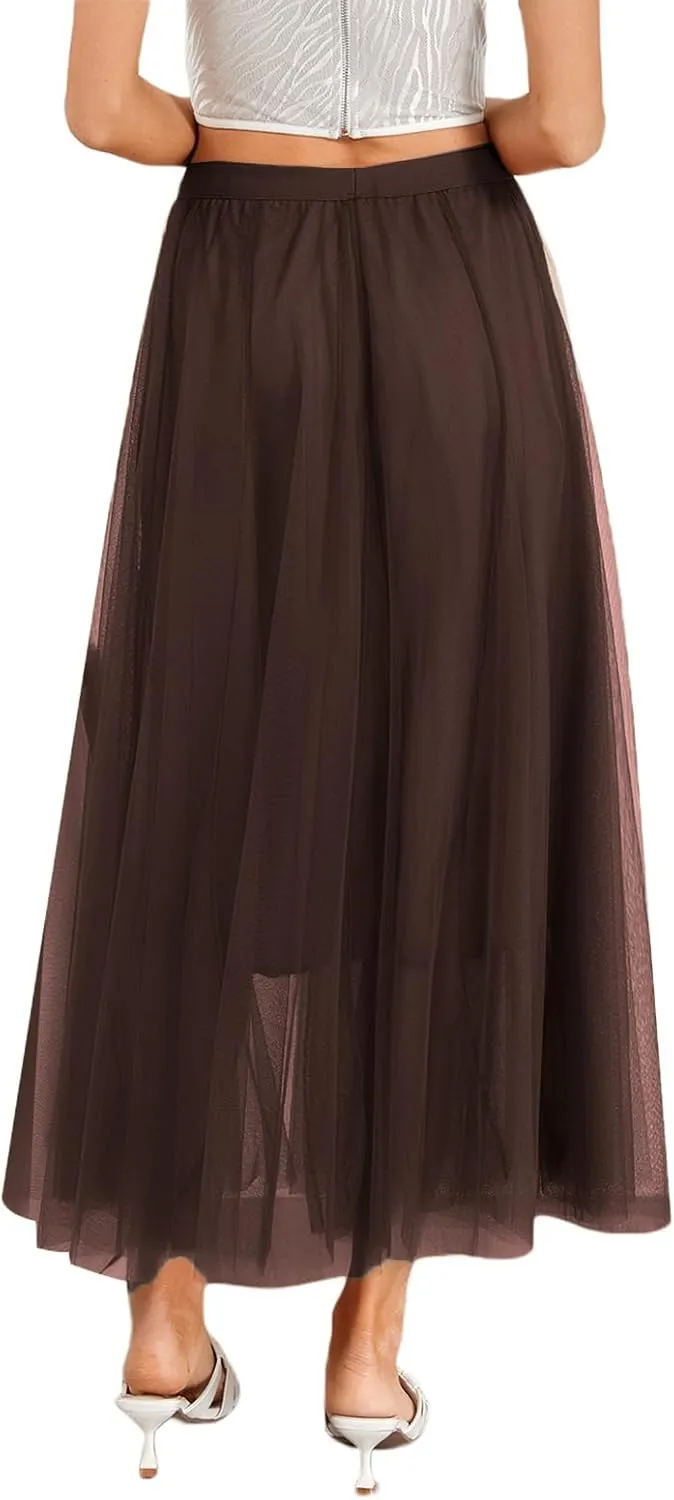 Tulle Skirts for Women Pleated Layered Tutu Skirt Ladies Elegant Flowy Long Skirts Bridesmaid Wedding Midi Skirt
