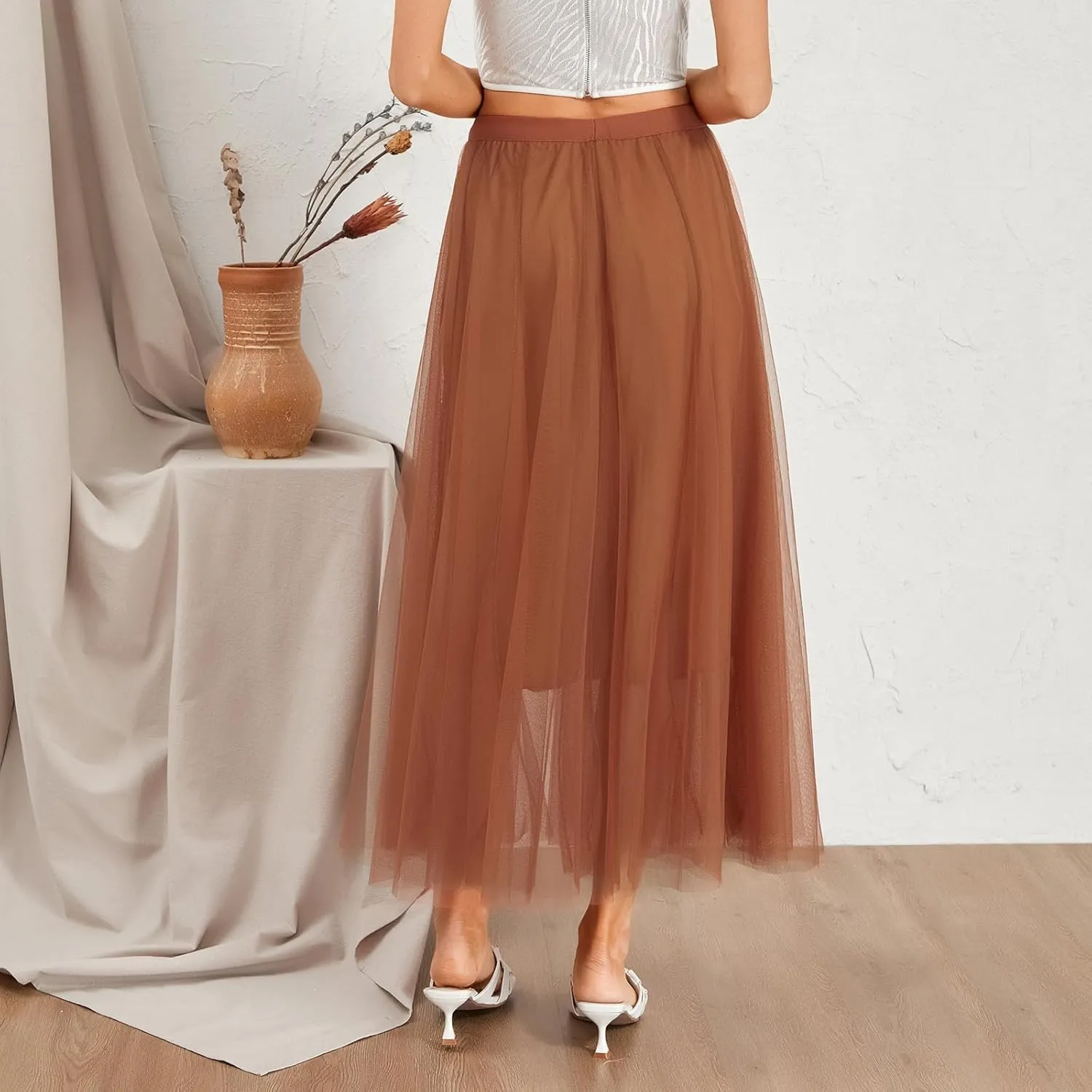 Tulle Skirts for Women Pleated Layered Tutu Skirt Ladies Elegant Flowy Long Skirts Bridesmaid Wedding Midi Skirt