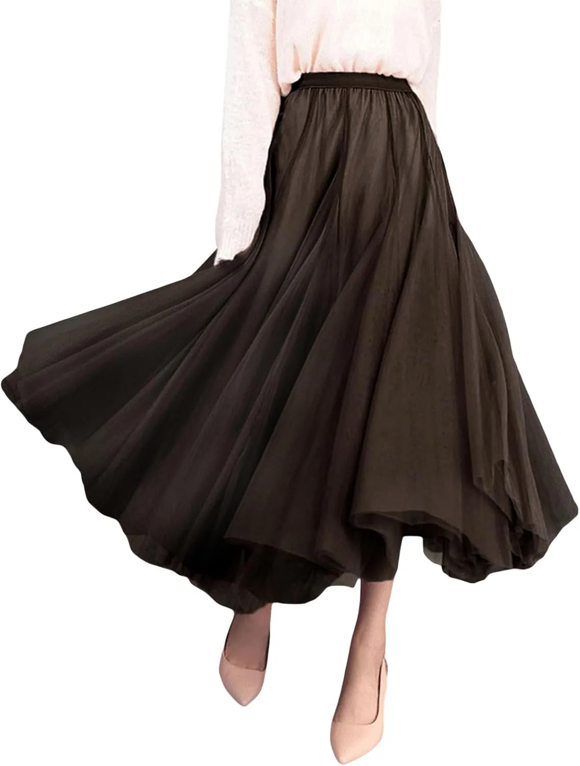Tulle Skirts for Women Pleated Layered Tutu Skirt Ladies Elegant Flowy Long Skirts Bridesmaid Wedding Midi Skirt