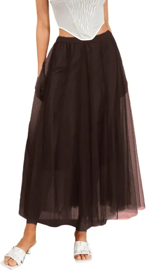 Tulle Skirts for Women Pleated Layered Tutu Skirt Ladies Elegant Flowy Long Skirts Bridesmaid Wedding Midi Skirt