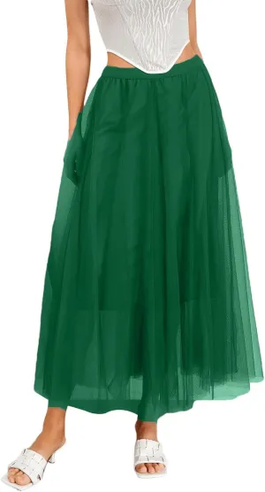Tulle Skirts for Women Pleated Layered Tutu Skirt Ladies Elegant Flowy Long Skirts Bridesmaid Wedding Midi Skirt