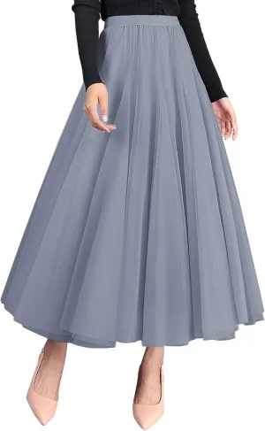 Tulle Skirts for Women Pleated Layered Tutu Skirt Ladies Elegant Flowy Long Skirts Bridesmaid Wedding Midi Skirt