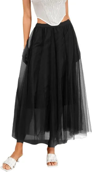 Tulle Skirts for Women Pleated Layered Tutu Skirt Ladies Elegant Flowy Long Skirts Bridesmaid Wedding Midi Skirt